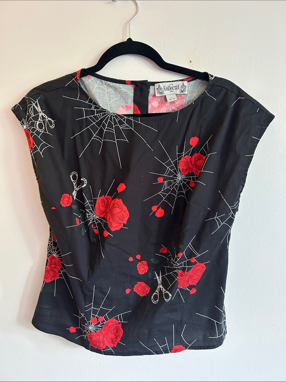 Collectif Black Blouse with Red Rose & Web